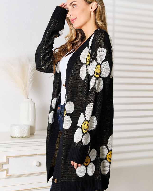 Perfee Floral Button Down Longline Cardigan