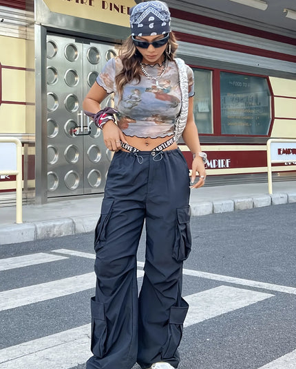 Abstract Print Ruffled Mock Neck Crop T-Shirt