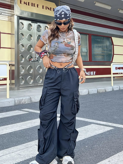 Abstract Print Ruffled Mock Neck Crop T-Shirt