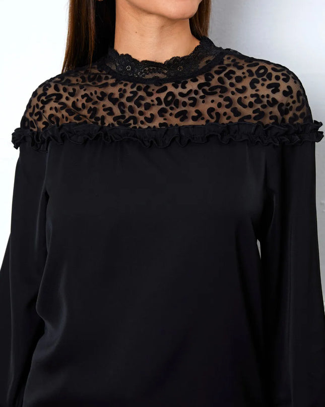 Leopard Frill Flounce Sleeve Blouse