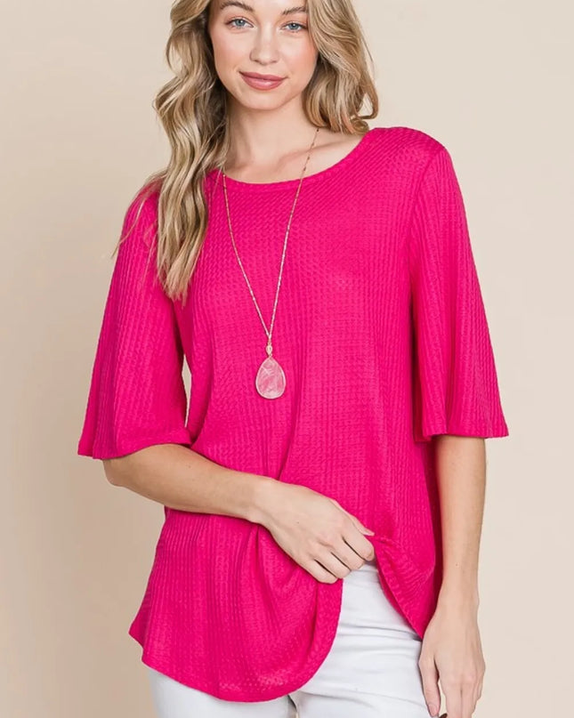 BOMBOM Round Neck Waffle Knit T-Shirt Fuchsia