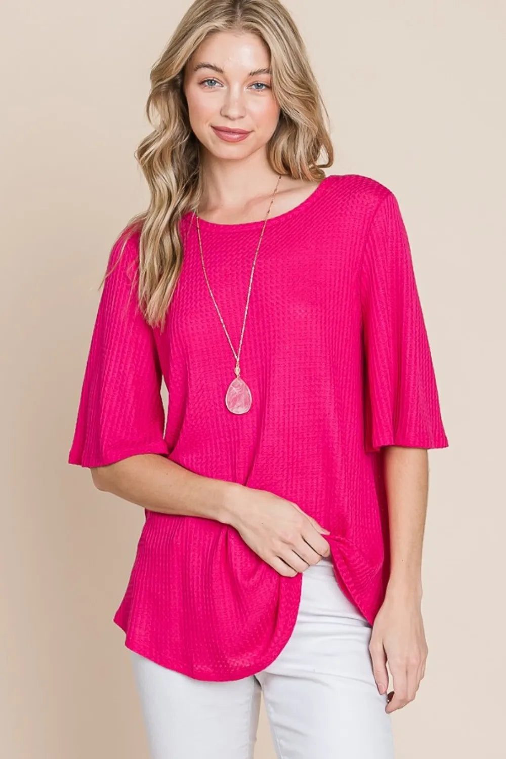 BOMBOM Round Neck Waffle Knit T-Shirt Fuchsia