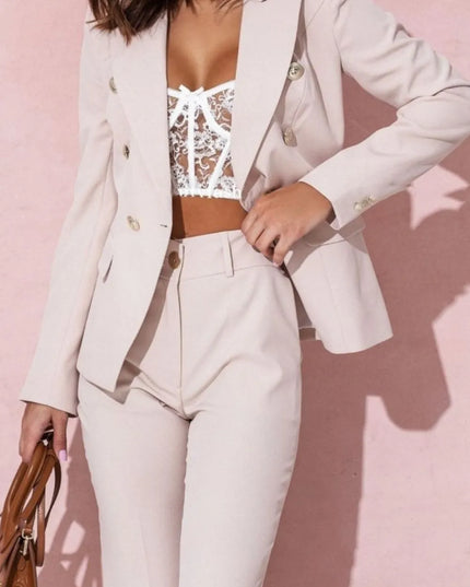 Full Size Lapel Collar Long Sleeve Blazer and Pants Set Plus Size Eggshell