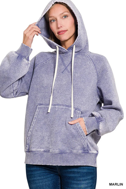 Zenana Acid Wash Fleece Hoodie with Kangaroo Pocket