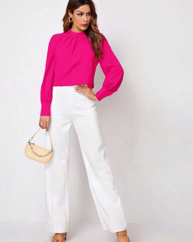 Ruched Mock Neck Long Sleeve Blouse 