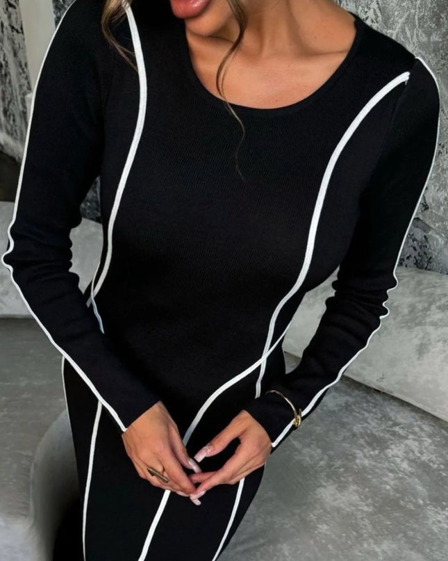 Striped Round Neck Long Sleeve Maxi Knit Dress