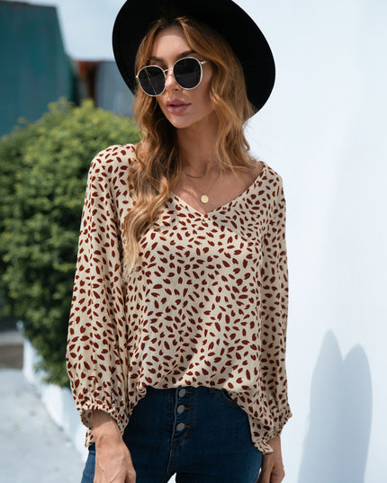 Printed V-Neck Balloon Sleeve Blouse