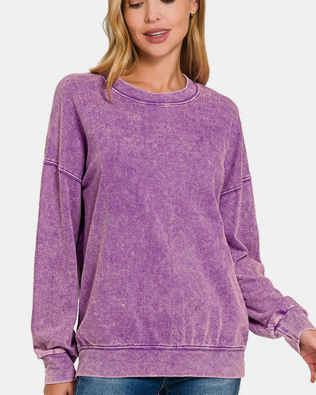 Zenana Washed Round Neck Dropped Shoulder Sweatshirt Violet