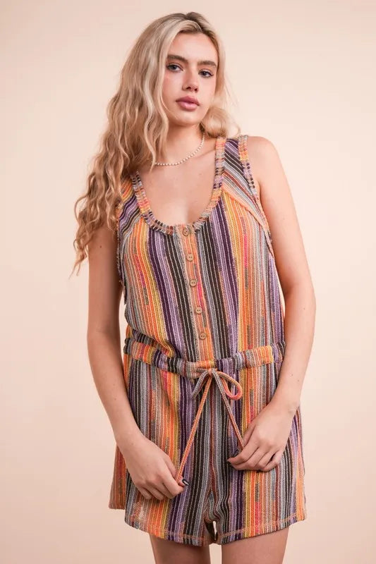 VERY J Crochet Multi Color Striped Casual Summer Romper Brick Mix