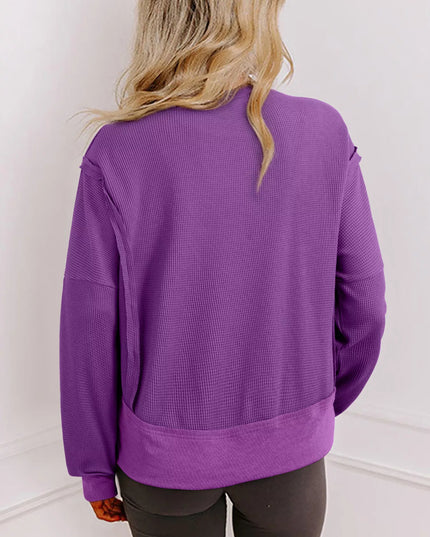 Solid Color Raw Seam Patchwork Ribbed Drop Shoulder Sweatshirt