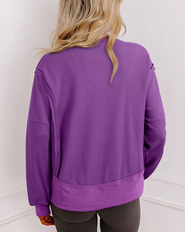 Solid Color Raw Seam Patchwork Ribbed Drop Shoulder Sweatshirt