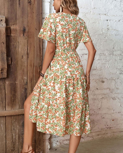 Perfee Floral V-Neck Front Slit Dress