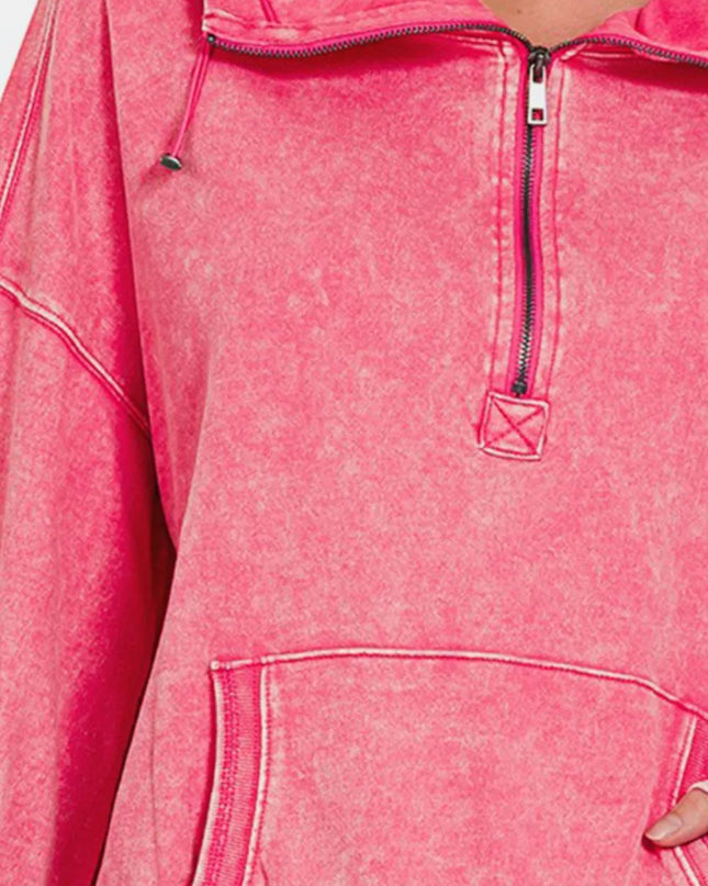 Zenana Drawstring Half Zip Dropped Shoulder Hoodie