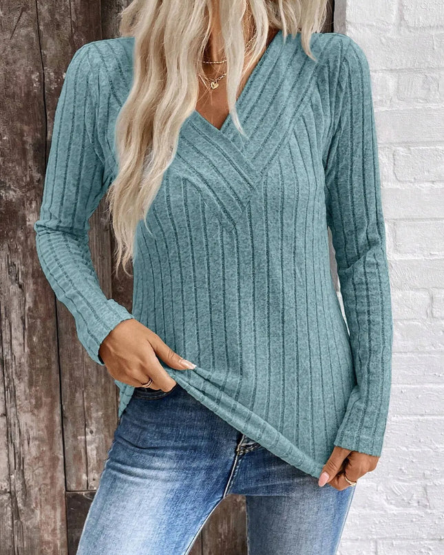 Ribbed V-Neck Long Sleeve Knit T-Shirt
