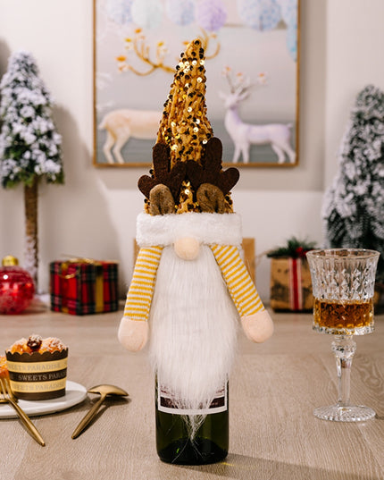 Sequin Pointed Hat Faceless Gnome Wine Bottle Cover Gold One Size
