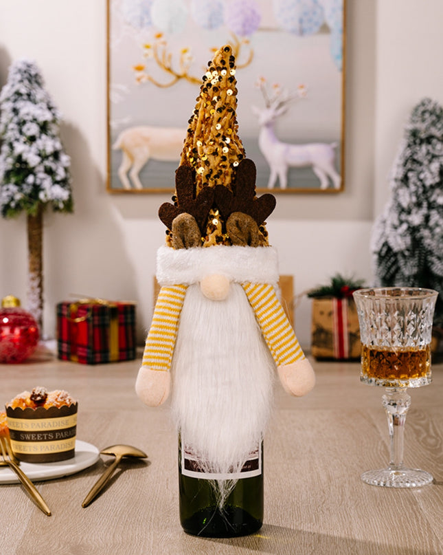 Sequin Pointed Hat Faceless Gnome Wine Bottle Cover Gold One Size