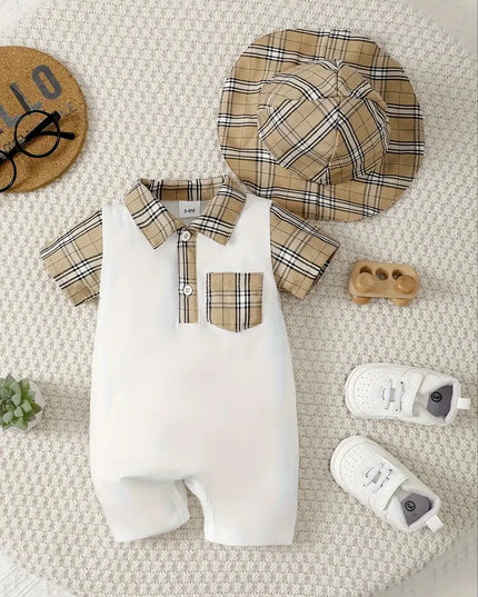 Children's Hat and Plaid Short Sleeve One-Piece Romper White