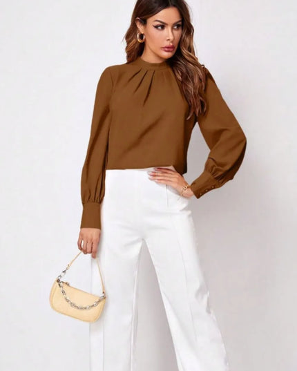 Ruched Mock Neck Long Sleeve Blouse 