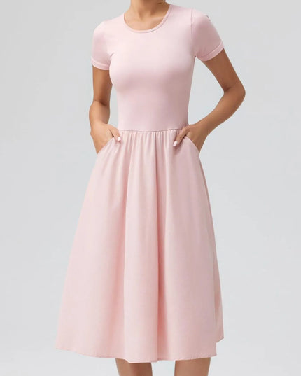 Round Neck Short Sleeve Dress Pink