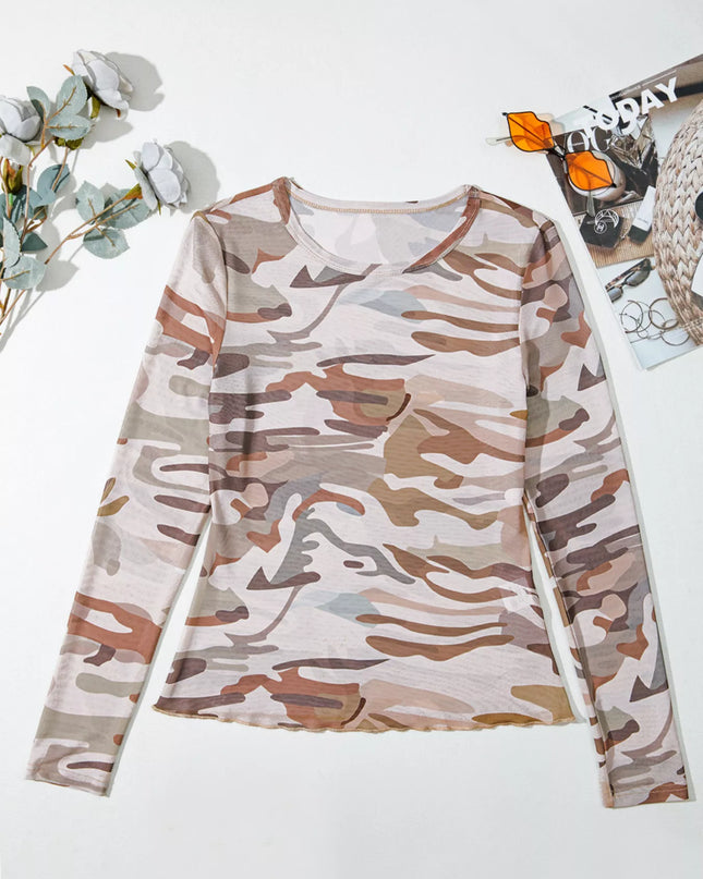Camouflage Print Mesh Long Sleeve Top