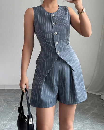 Striped Button Up Vest and Shorts Set