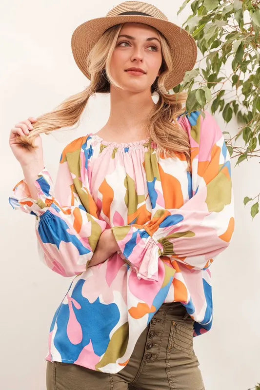 Lime 'N' Chili Abstract Print Off-the-shoulder Long Sleeve Top