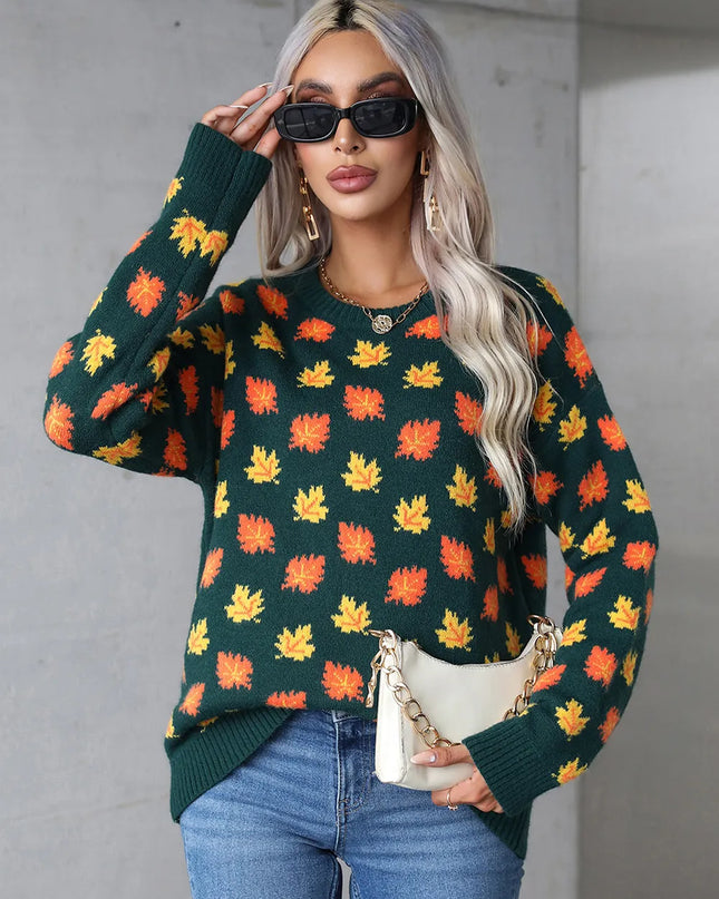 Angel Wings Maple Leaf Round Neck Long Sleeve Sweater