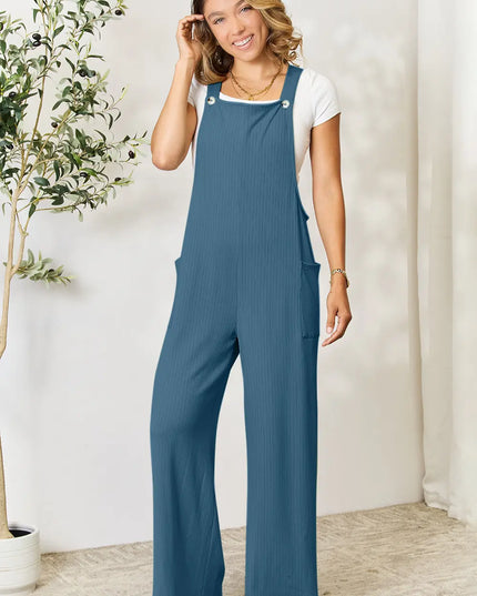 Double Take Full Size Wide Strap Overall with Pockets French Blue