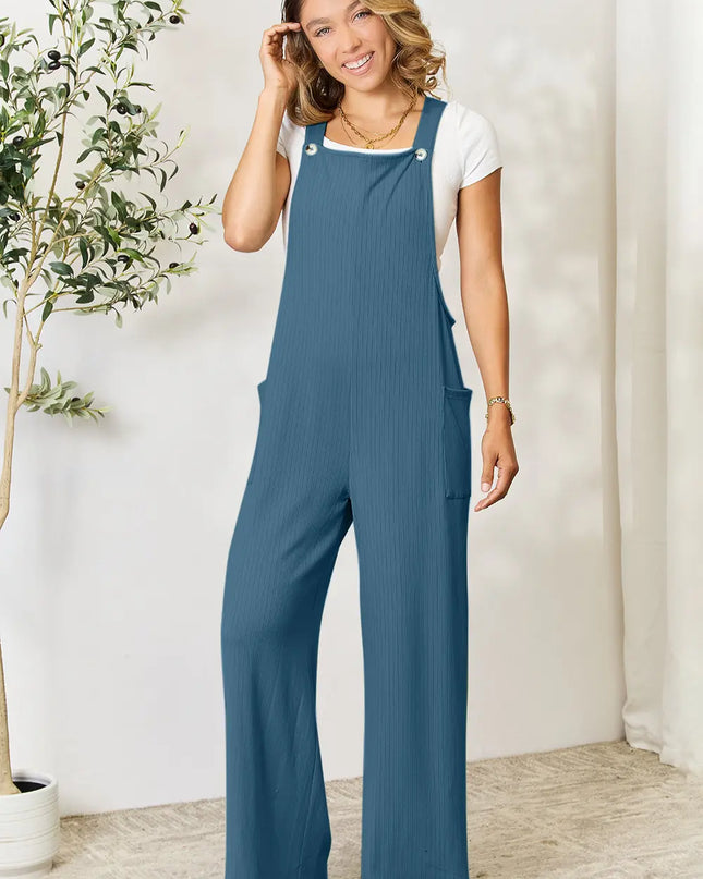 Double Take Full Size Wide Strap Overall with Pockets French Blue