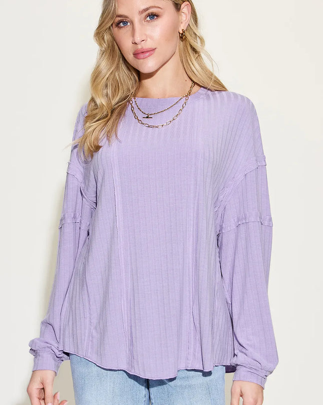 Basic Bae Full Size Ribbed Round Neck Long Sleeve T-Shirt Lavender