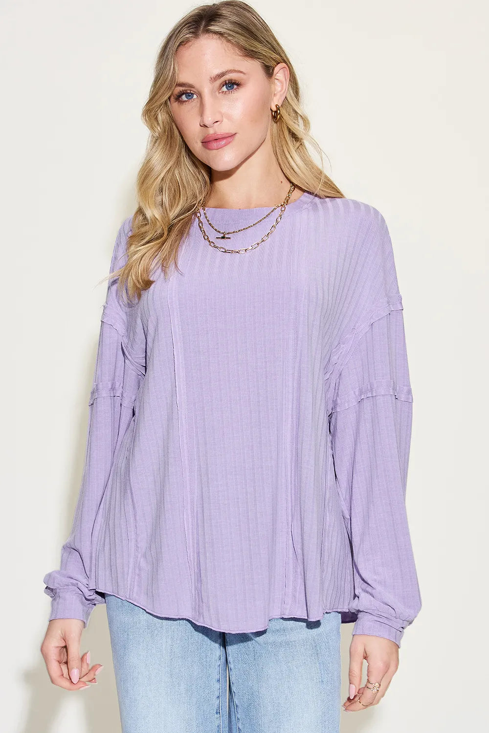 Basic Bae Full Size Ribbed Round Neck Long Sleeve T-Shirt Lavender