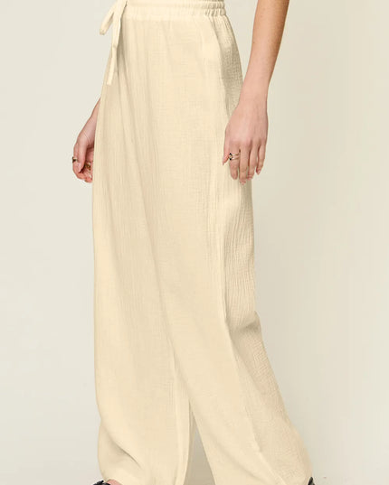 Double Take Full Size Texture Drawstring Wide Leg Pants