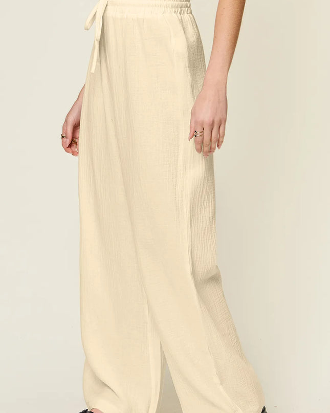 Double Take Full Size Texture Drawstring Wide Leg Pants