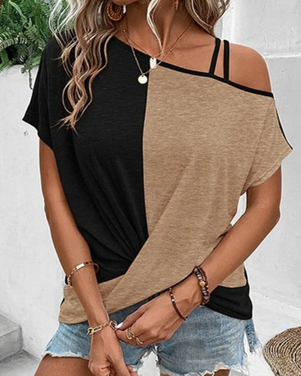 Contrast Asymmetrical Neck Short Sleeve T-Shirt Camel