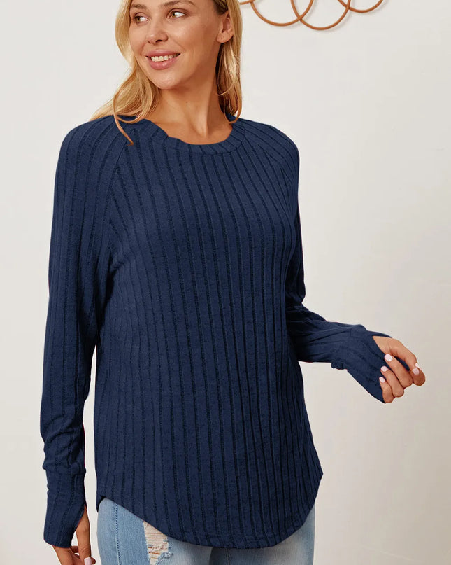 Basic Bae Full Size Ribbed Thumbhole Sleeve T-Shirt Dark Blue