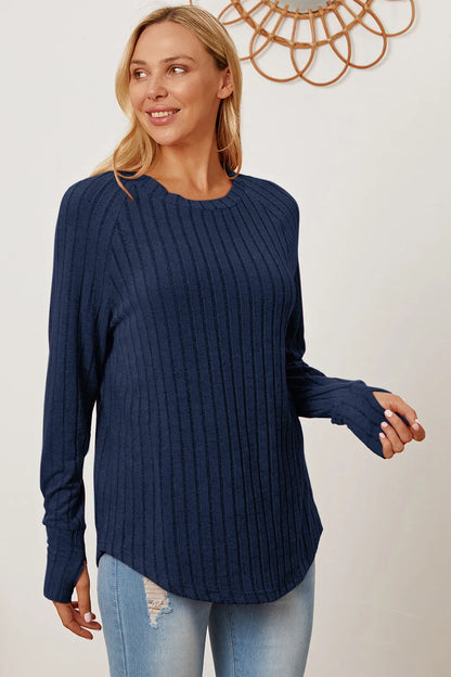 Basic Bae Full Size Ribbed Thumbhole Sleeve T-Shirt Dark Blue