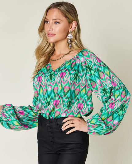 Double Take Full Size Printed Balloon Sleeve Blouse