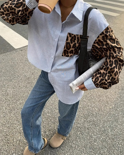 Leopard Print Sleeve Striped Button-Down Shirt