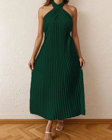 Pleated Halter Neck Midi Dress Dark Green