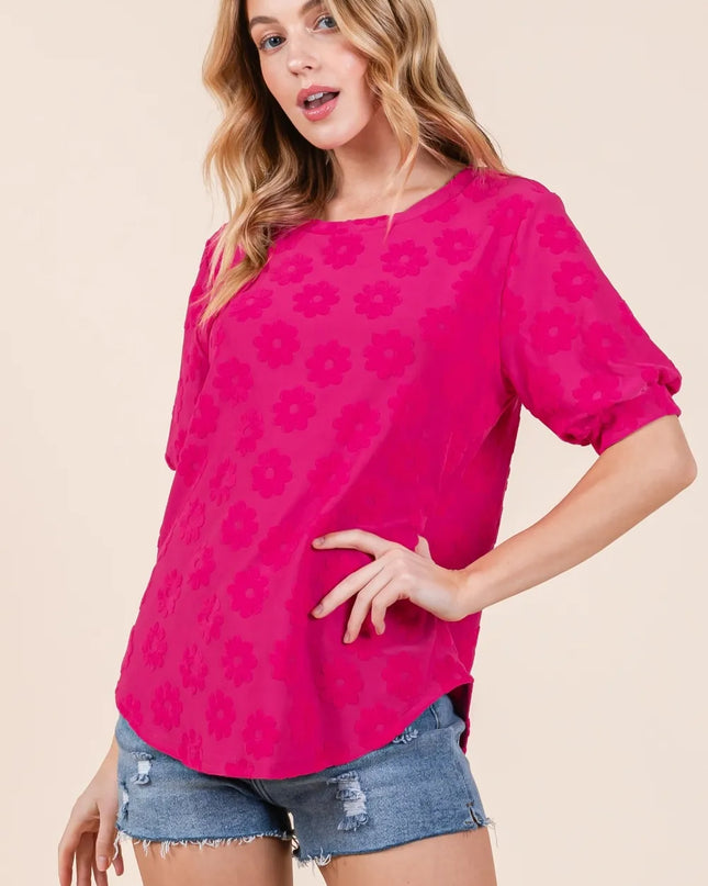 BOMBOM Textured Floral Pattern Top Fuchsia
