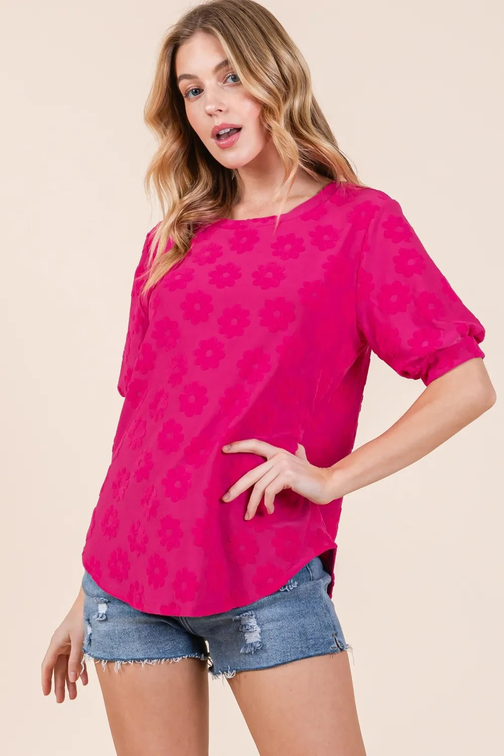 BOMBOM Textured Floral Pattern Top Fuchsia