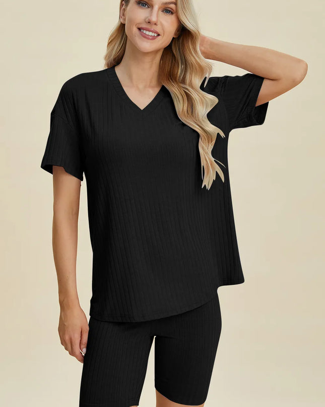 Basic Bae Full Size Ribbed V-Neck Short Sleeve Top and Shorts Set Black