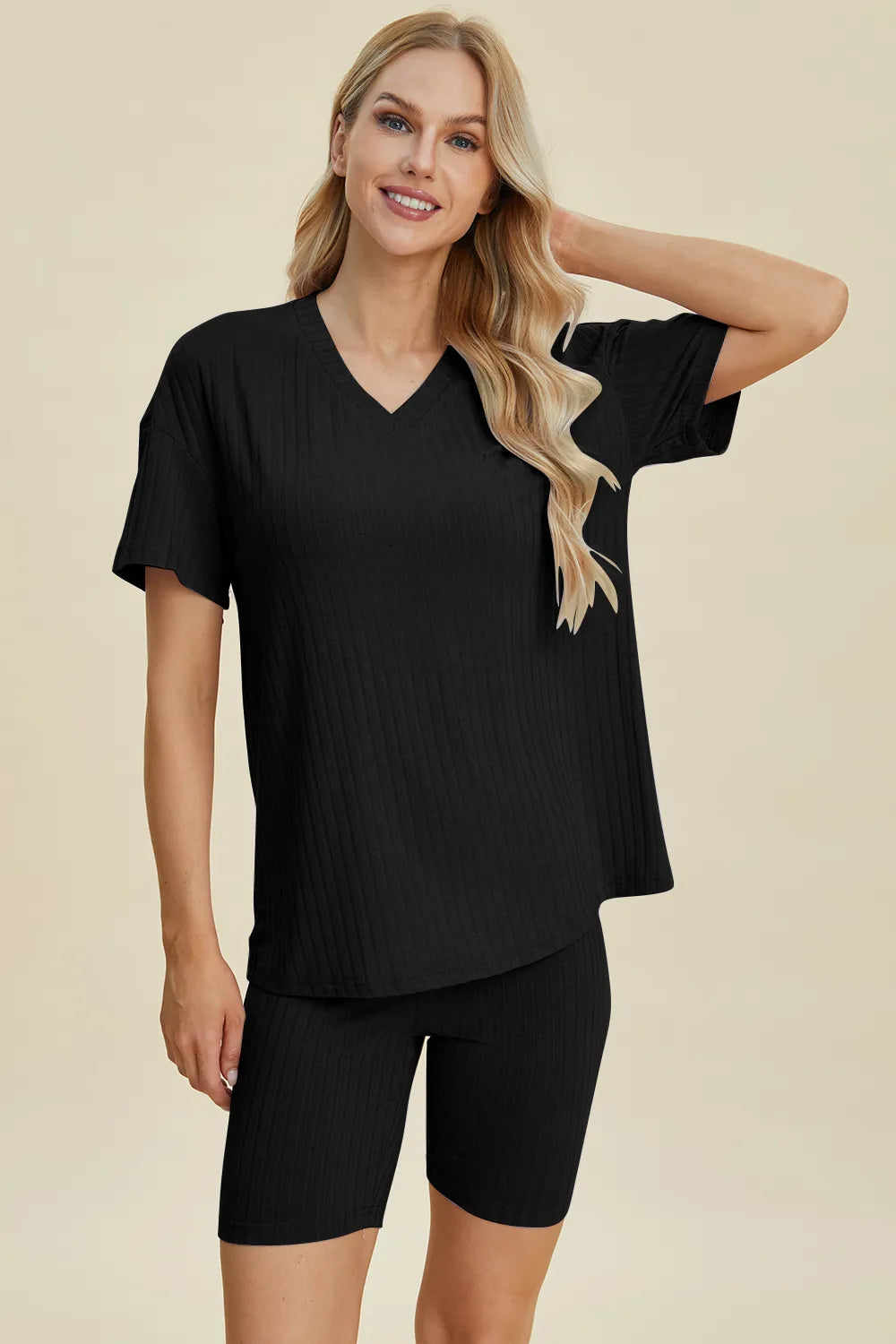 Basic Bae Full Size Ribbed V-Neck Short Sleeve Top and Shorts Set Black