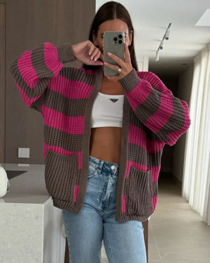 Striped Open Front Long Sleeve Cardigan