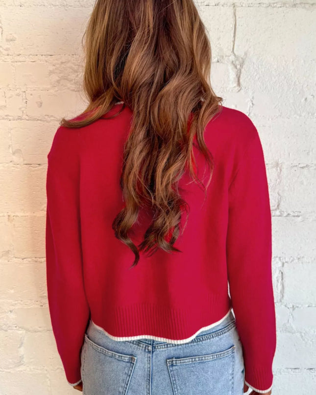 Contrast Trim Bow Accent Holiday Cropped Sweater