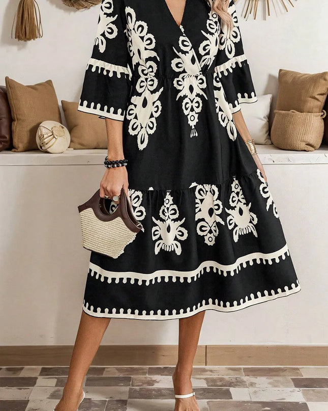 Printed Half Sleeve Knee Length Dress Black