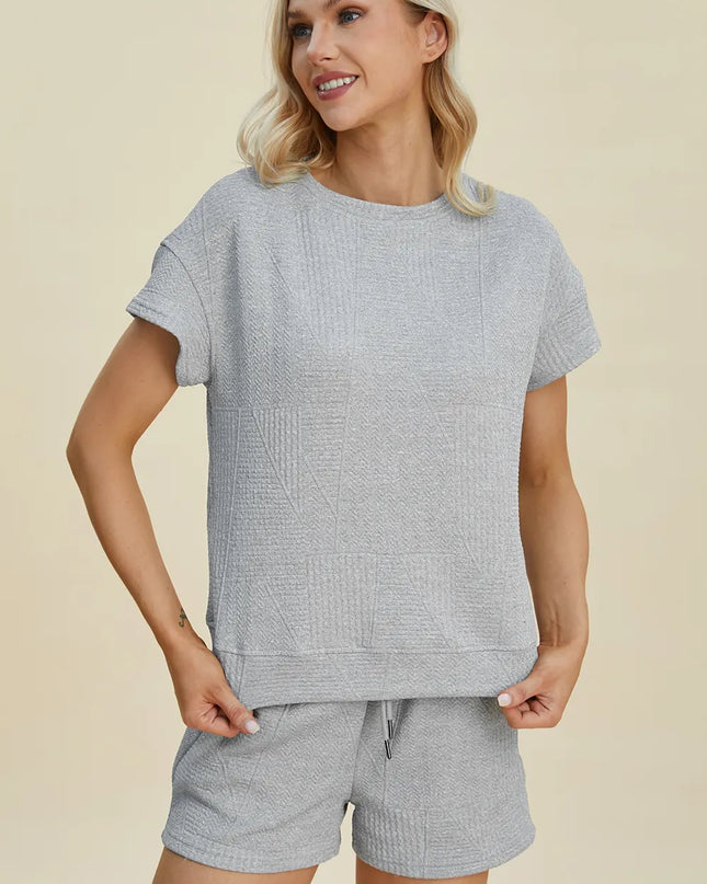 Double Take Full Size Texture Short Sleeve Top and Shorts Set