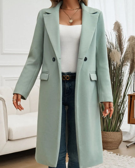 Devine Pocketed Collared Neck Long Sleeve Coat Sage