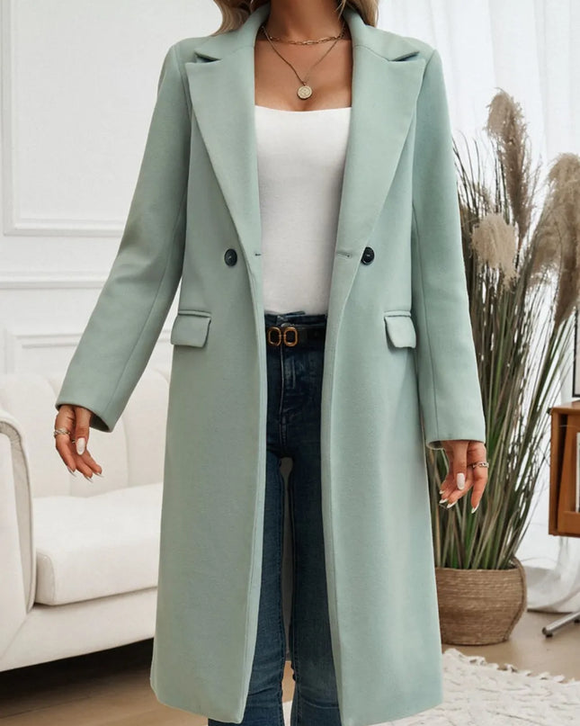 Devine Pocketed Collared Neck Long Sleeve Coat Sage