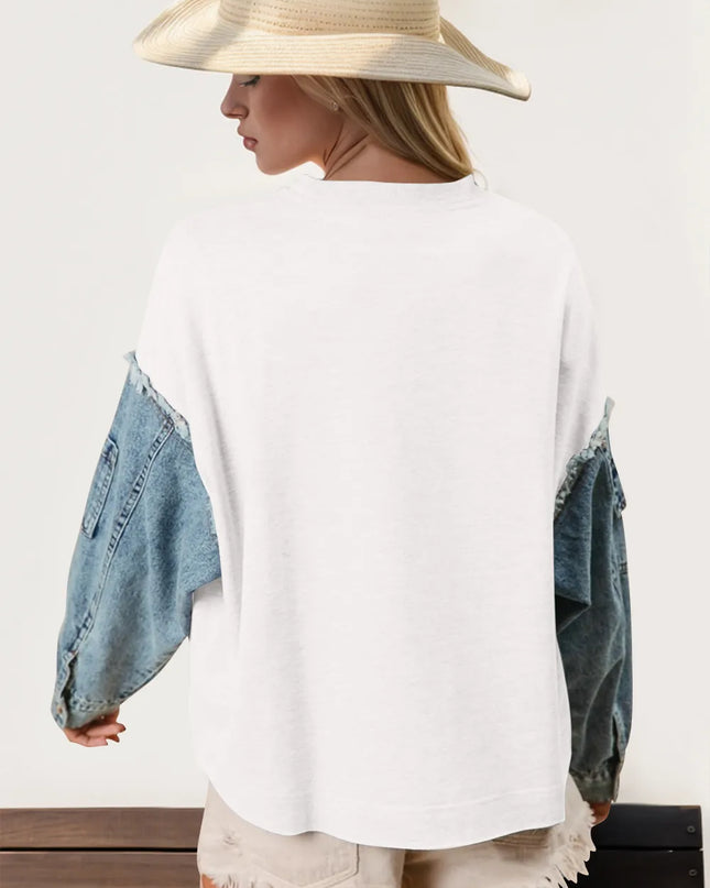 Double Take Raw Edge Star Contrast Sweatshirt